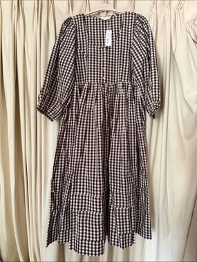 Loeffler Randall Diane Brown and White Gingham Long Sleeve Dress